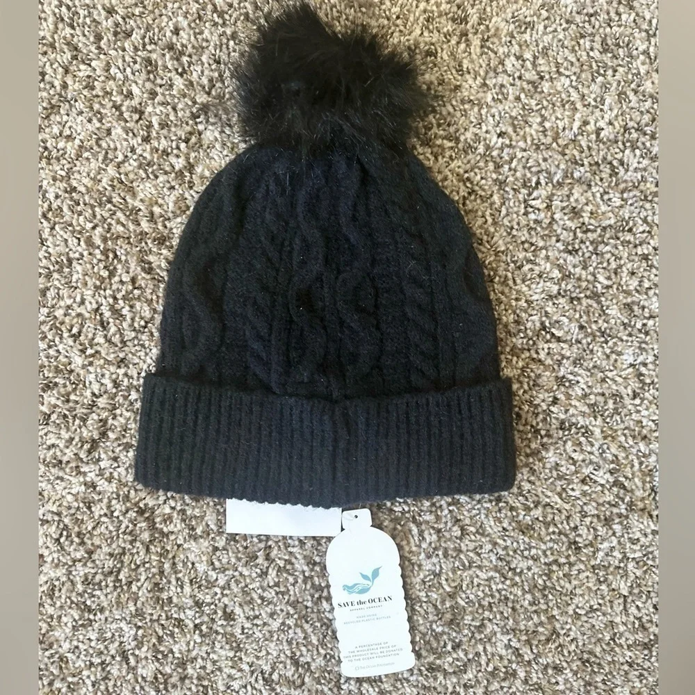 NWT Save The Ocean Black Knit Cuffed Beanie with Pom Pom